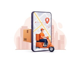 Delivery man on scooter with package emerging from smartphone screen showing map and location pin in city background