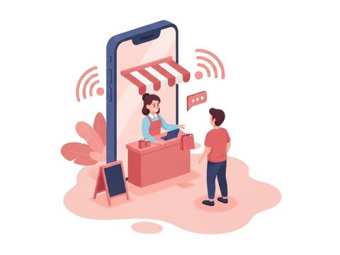 Isometric illustration of mobile online shopping experience with customer interacting with seller through smartphone screen isolated on white background