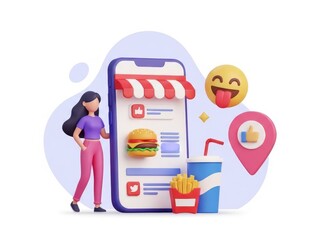 3d character ordering fast food meal with burger, fry, and drink via mobile application concept illustration isolated on white background