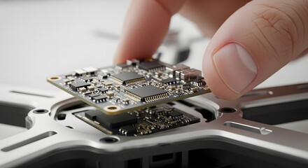 Person installing a circuit board into a drone frame in a close up shot on a white background