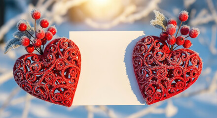 Two ornate frosty red hearts adorned with icy berries on a sunny winter day, framing a blank white paper for your message.