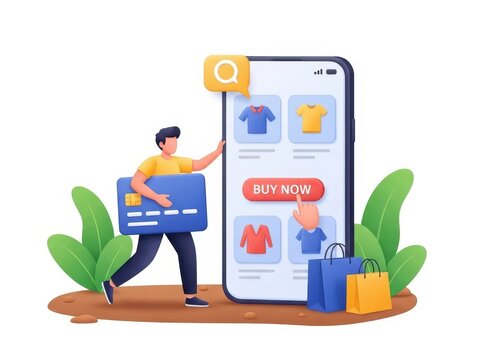 Man holding credit card shopping online via mobile application interface with buy now button and clothing item selection
