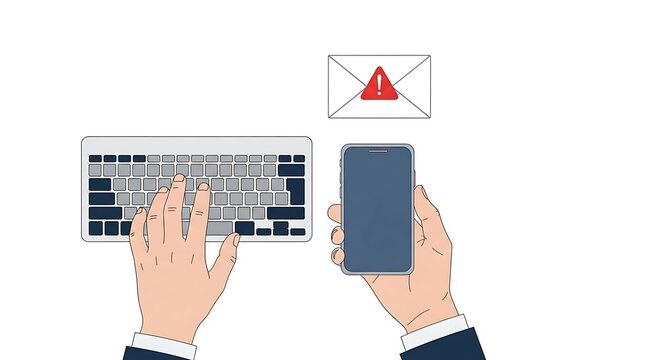 Illustrative office worker receives notification or alert on electronic devices