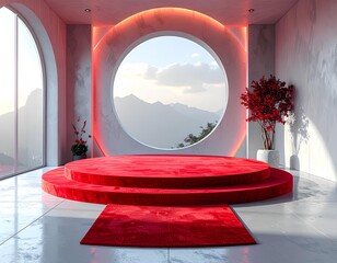 Minimalist Red Carpet on Circular Stage Platform, Modern Award Ceremony Style, Transparent Background