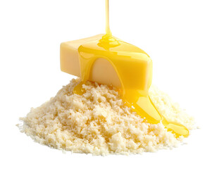 Melted Butter Drizzle Over Grated Parmigiano-Reggiano, Gourmet Food Concept, PNG Isolated.