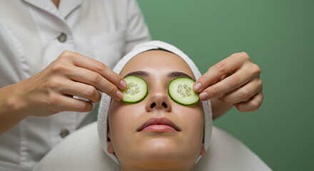 A woman receives a relaxing spa treatment with cucumber slices placed over her closed eyes