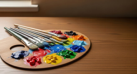Artist's wooden palette adorned with vibrant paint colors and brushes, bathed in natural light on a beautiful textured table with copy space.