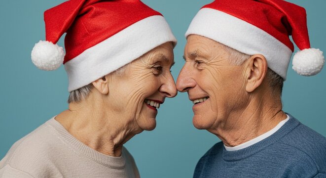 Elderly couple wearing santa hats, smiling and touching noses in a festive christmas celebration - Powered by Adobe