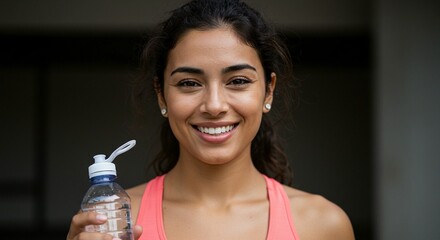 A smiling woman with dark hair holds a water bottle, ready for a workout