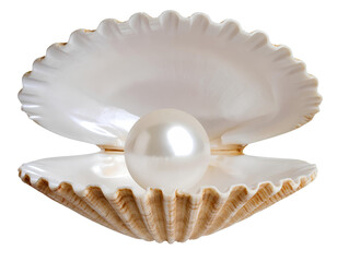 Open Decorative Seashell with Large Shiny Pearl, Front View, PNG Isolated.