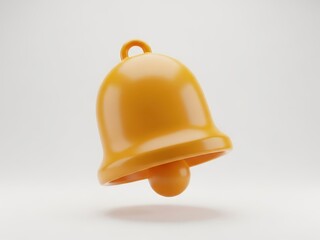 3d rendering of a bright yellow notification bell icon floating slightly above a plain light gray surface with soft shadow
