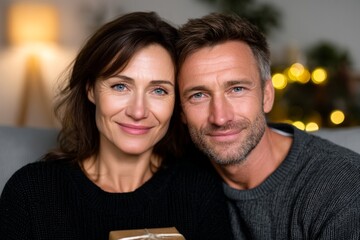 Mature couple enjoying holiday together, sharing love and happiness while celebrating special occasion at home