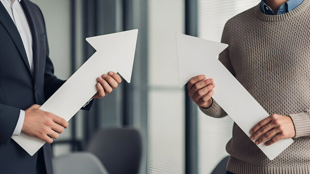 Professionals presenting positive growth arrows for business success and achievement, aiming high and showcasing upward trends in a modern corporate environment