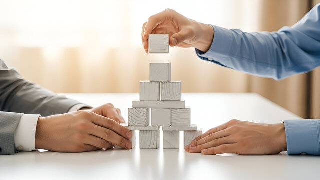 Strategic partnership building a business with wooden blocks, symbolizing growth and success, teamwork and collaboration, corporate planning, and financial stability - Powered by Adobe