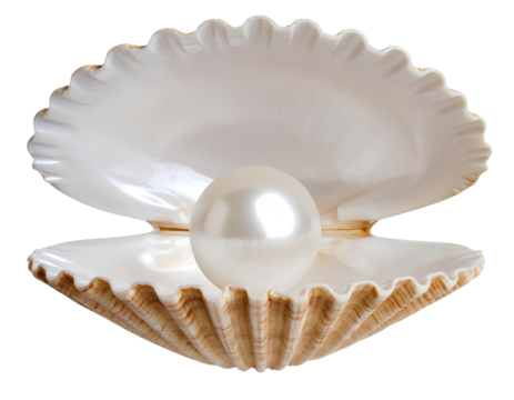 Open Decorative Seashell with Large Shiny Pearl, Front View, PNG Isolated.