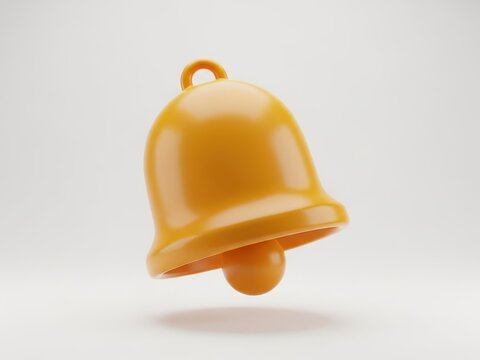 3d rendering of a bright yellow notification bell icon floating slightly above a plain light gray surface with soft shadow