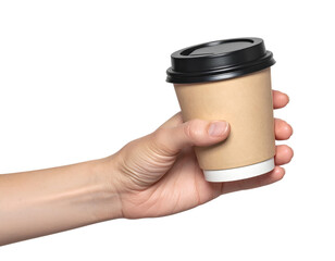 Side Angle Hand Gripping a Takeaway Coffee Cup with Lid, PNG Cutout