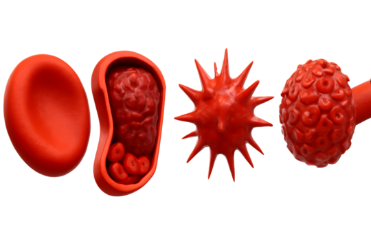 Red blood cells and spiky virus, in a medical illustration, cutout, PNG isolated on white or transparent background
