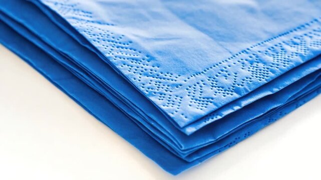 Video A pile of blue paper napkins stacked on top of each other, perfect for various uses such as crafting or as a decorative item