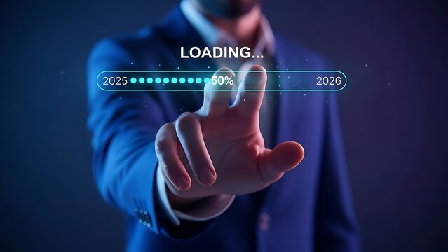 Man touching digital loading bar showing the progress from 2025 to 2026