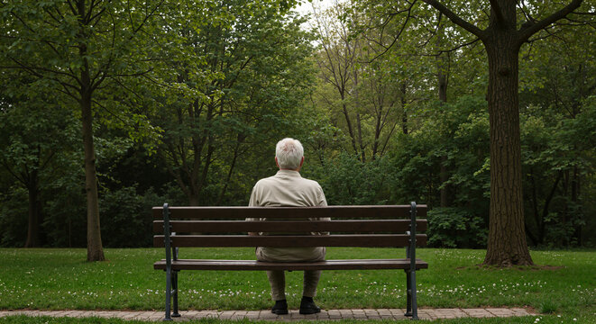 Elderly man sitting on a bench in peaceful green park - Powered by Adobe