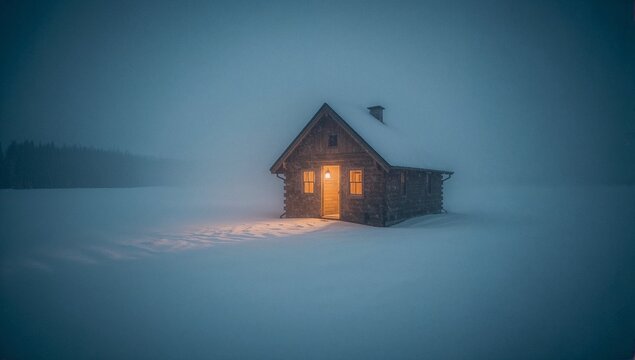 Cozy Isolated Wooden Cabin Glowing Warmly While Surrounded By Swirling Snow And Powerful Winds In A Dramatic Frigid Winter Storm In A Remote Wilderness Landscape