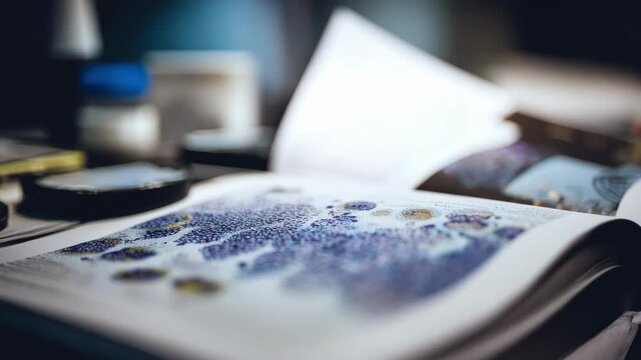 Medium shot showcasing magazine print inspection using living organisms as biosensors emphasizing detection of fine detail inconsistencies and ink variations.