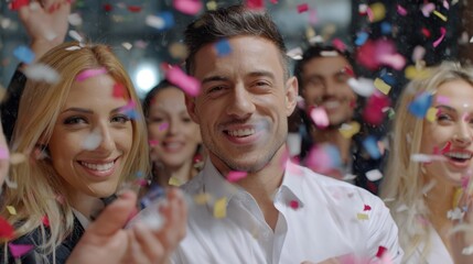Business colleagues celebrating company success with falling colorful confetti, cheerful people enjoying achievement and party