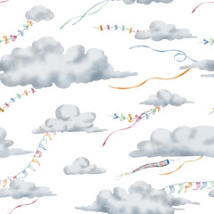 Cloud watercolor pattern with ribbons and garland in the sky. Illustration of cute background for childish wrapping paper or nursery wallpaper. Backdrop for textile design and kids bed linen.