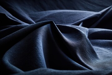 Dark blue abstract background featuring smooth, flowing waves, soft lighting casting gentle shadows, creating a serene and minimalist atmosphere