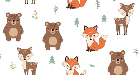 Fototapeta premium Cute woodland animals pattern featuring bears foxes and deer.