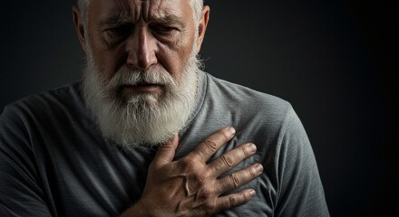 An elderly man with a white beard clutches his chest in pain, his face etched with distress and concern