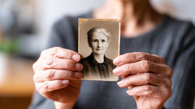 Elderly hands holding vintage portrait, remembering family history and past generations with nostalgia - Powered by Adobe