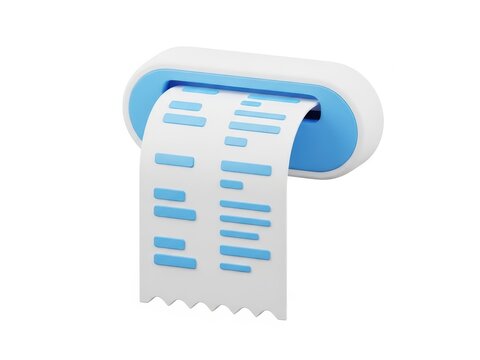 3d rendering of a modern receipt printer dispensing a paper slip with blue stylized text, isolated on white background