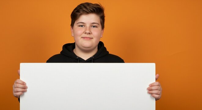 Young person holding a blank white sign in front of an orange background