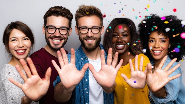 Diverse group of smiling friends celebrating together, hands forward, looking at camera with colorful confetti falling