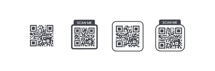 QR code set featuring scan QR code symbols and scan me labels, clean vector illustration ideal for digital access systems, mobile scanning tools, authentication interfaces, and modern smart technology