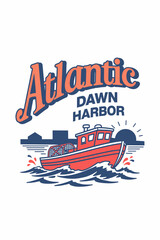 Red harbor trawler cuts through choppy waves at sunrise, silhouetted docks behind, clean vintage maritime vector on white