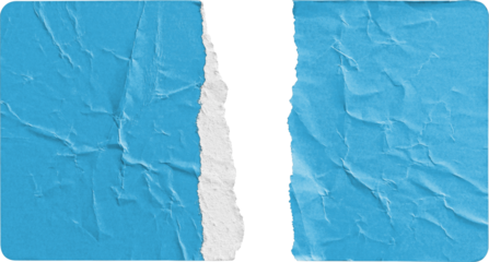 Torn Blue Paper Sticker Split into Two Halves isolated on transparent background