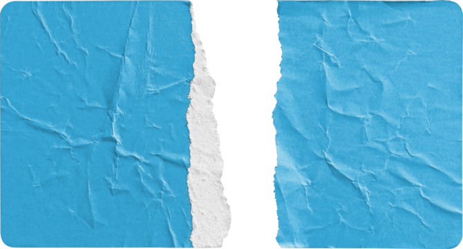 Torn Blue Paper Sticker Split into Two Halves isolated on transparent background