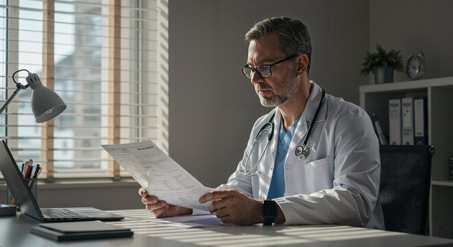 Male doctor reviewing patient medical charts in office setting