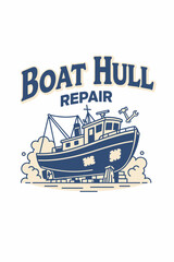 Obraz premium Working boat lifted on blocks for hull repair in a dusty dockyard two tone navy and sand vector illustration.