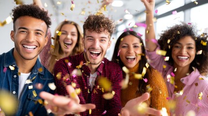 Obraz premium Diverse friends group celebrating with falling confetti, young people having fun at a cheerful party
