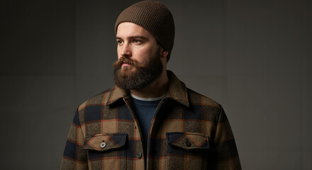 Man with beard wearing a beanie and flannel shirt in studio  