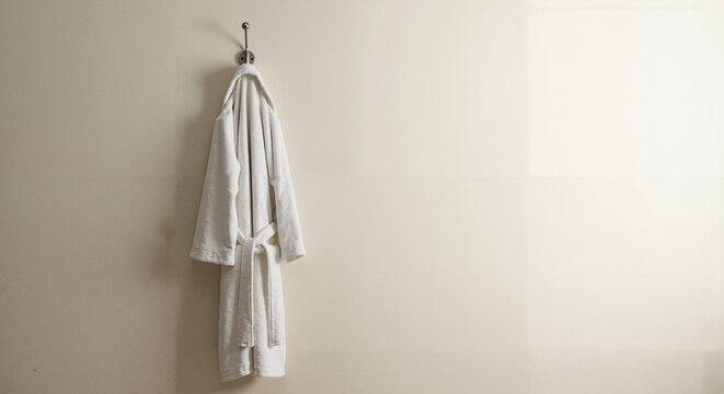 White bathrobe hanging on a hook against a neutral wall  