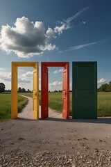 Three Colorful Doors (Yellow, Red, Green) Standing on a Dirt Road in an Open Field, Symbolizing Choice, Opportunity, and Decision-Making