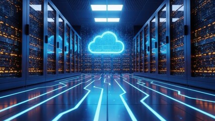 Cloud computing infrastructure with glowing server racks and digital network data lines