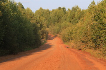 Dirt road at the end of summer In the rays of the evening sun