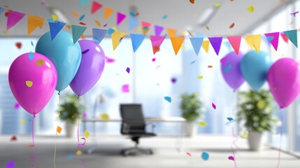 Office celebration with colorful balloons, confetti, and party banners for a corporate event or business announcement