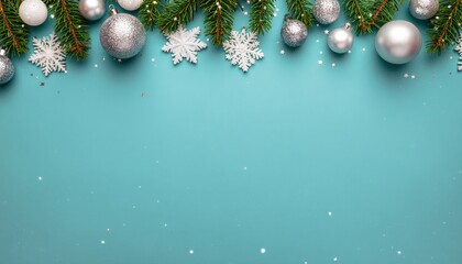 Festive holiday decoration home visual art cheerful atmosphere top-down view christmas ornaments and snowflakes on teal background for seasonal celebrations